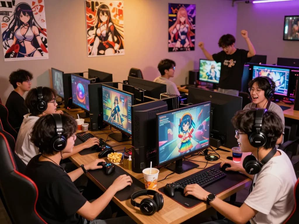 Group playing hentai games in a cozy gaming hub with ambient lighting.