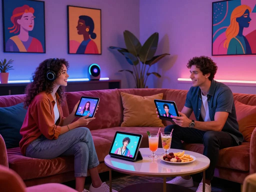 Adults engaging in AI NSFW chat in a vibrant lounge with high-tech devices.
