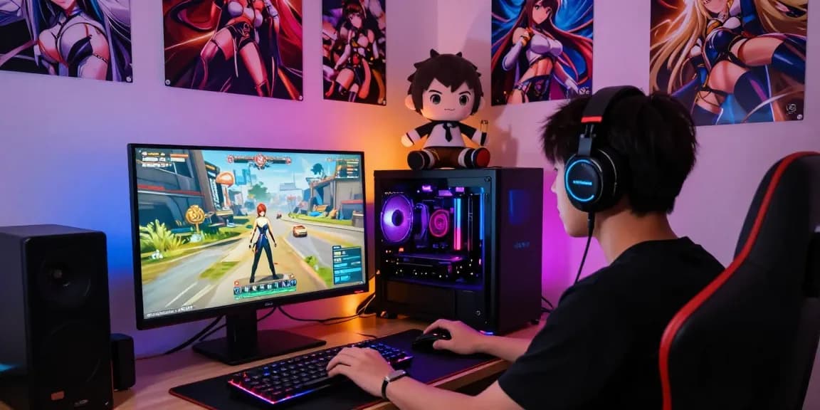 Engaged player enjoying hentai games online in a vibrant gaming setup