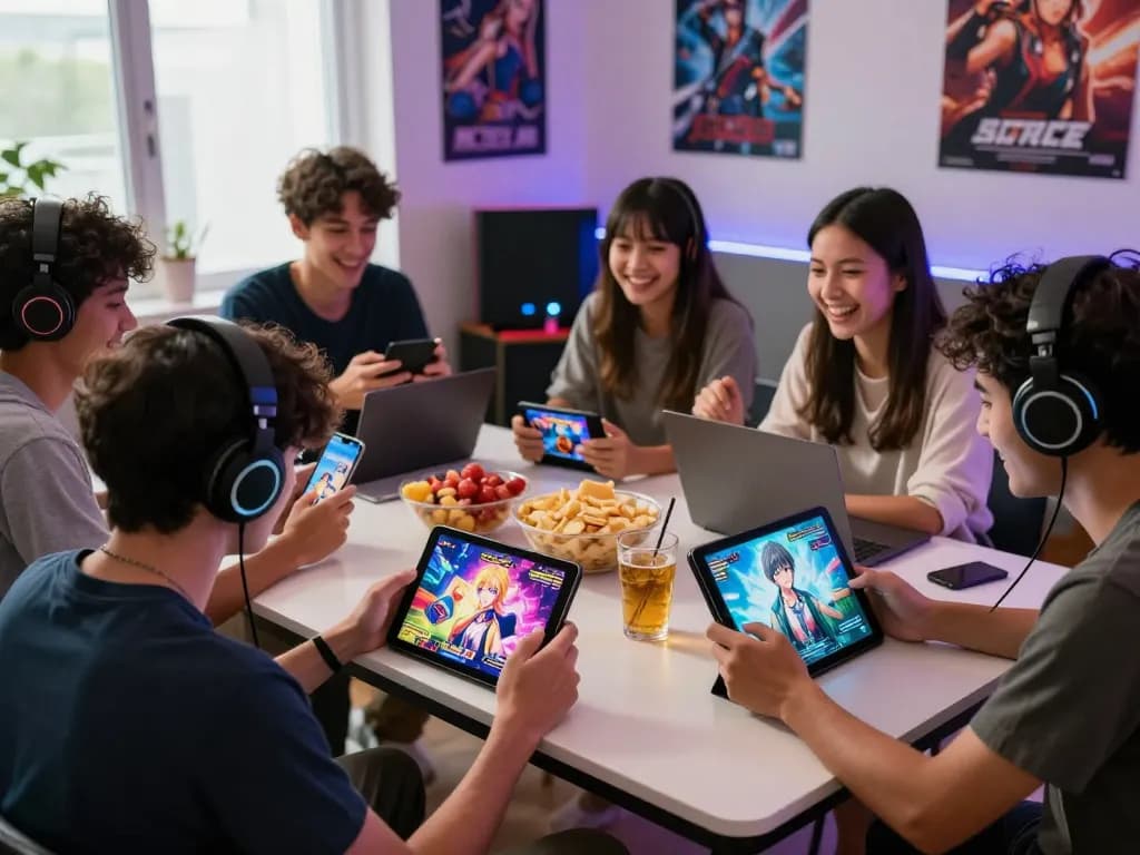 Group of friends enjoying engaging hentai game on devices in a vibrant gaming room.