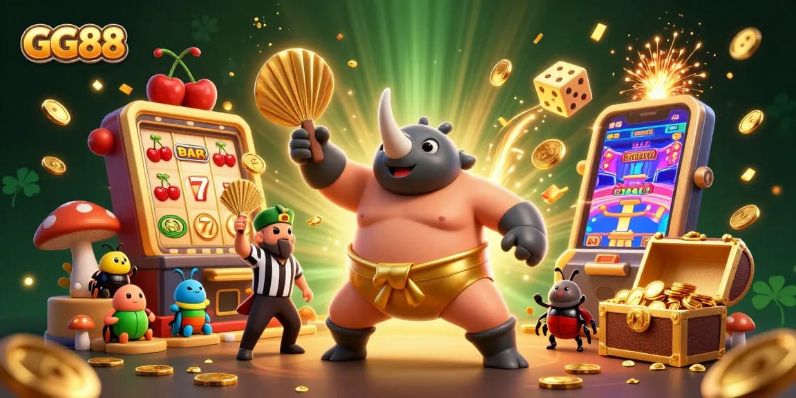 Experience thrilling GG88 action with a sumo beetle champion surrounded by slot game excitement.