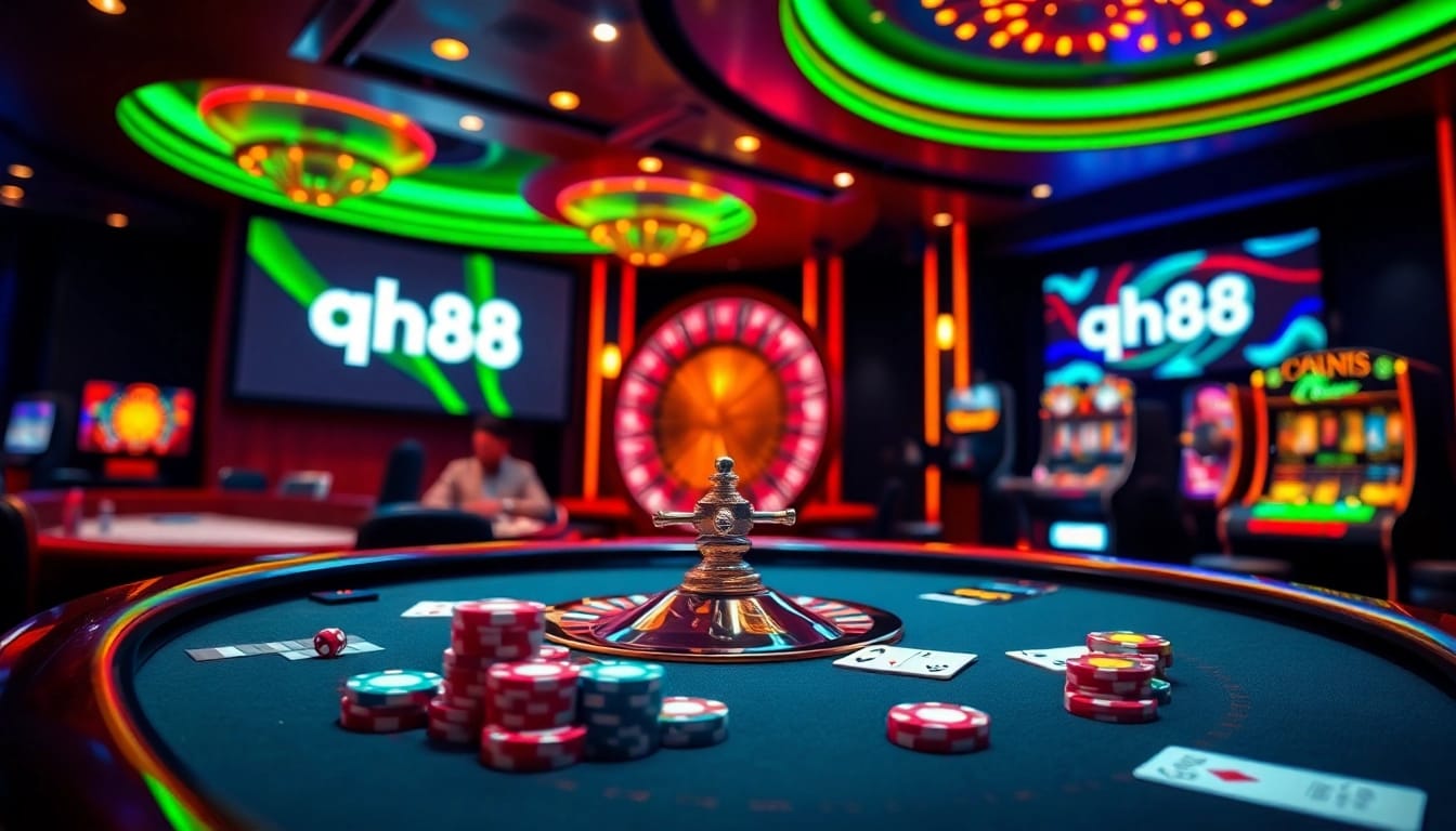 Experience the excitement of qh88 at a luxurious casino table with poker chips and cards.