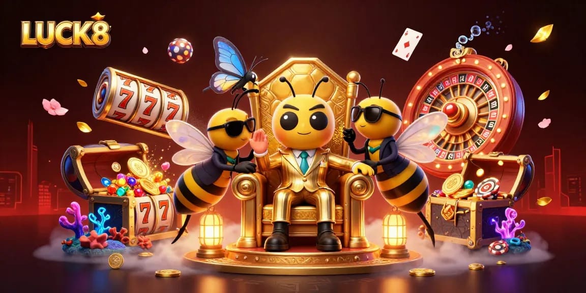 Play exciting games at LUCK8 with spinning slot reels, dazzling roulette wheel, and vibrant lottery balls in action.