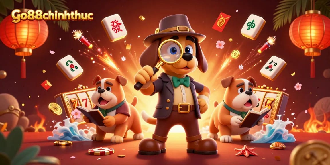 Play games at go88chinhthuc with a detective uncovering casino treasures and clues in a vibrant scene.