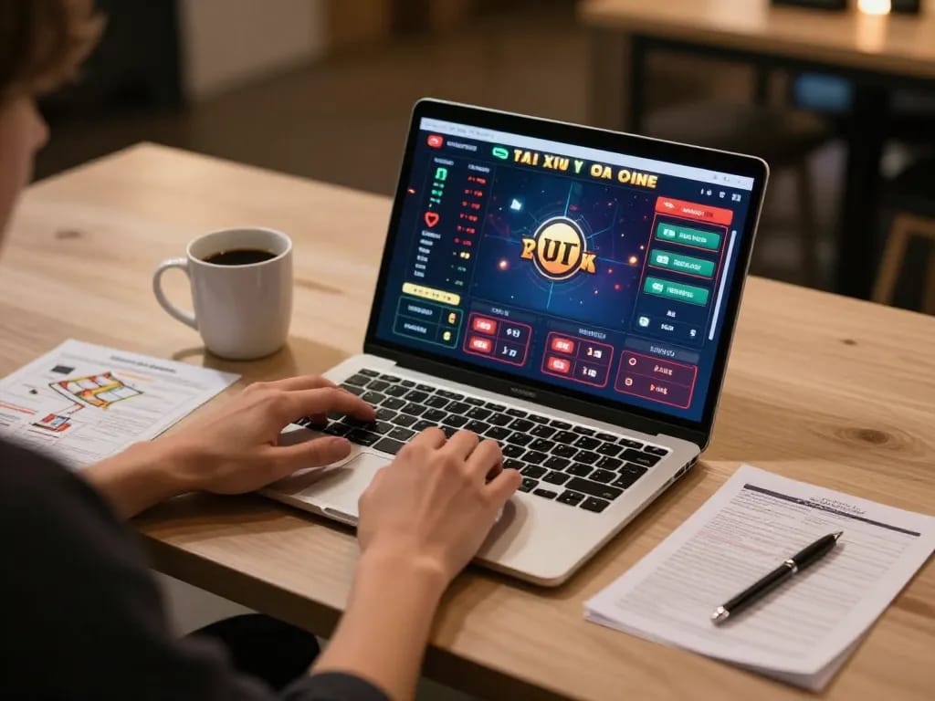 Playing tai xiu online on a laptop with vibrant casino interface and warm ambiance, emphasizing a strategic gambling approach.