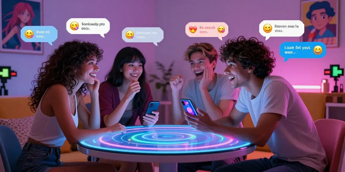 Engaging AI ecchi chat scene with diverse characters and vibrant digital interactions.