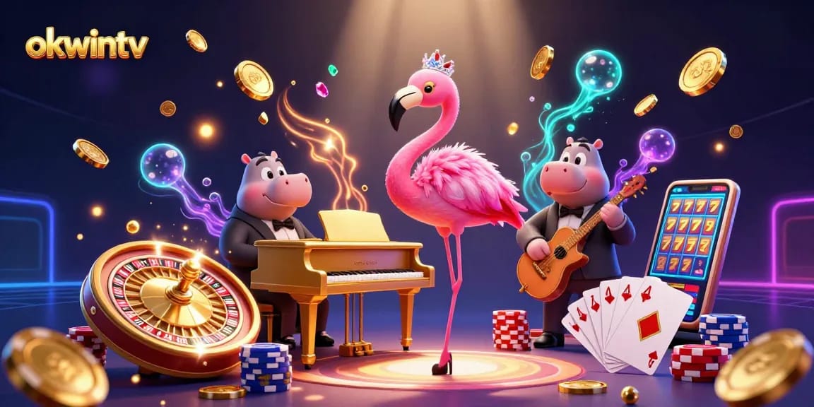 Experience the excitement of okwintv with a vibrant 3D casino illustration bursting with action.