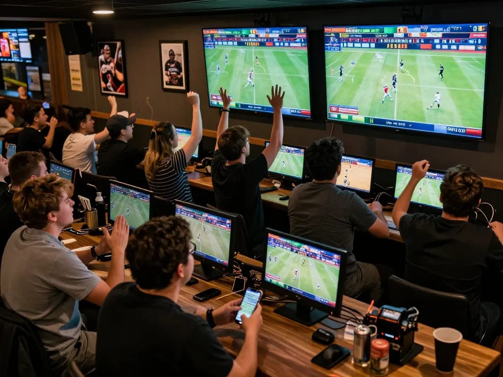 Fans engaging in real-time sports betting activities at Nowgoal, capturing the thrill of live gaming and camaraderie