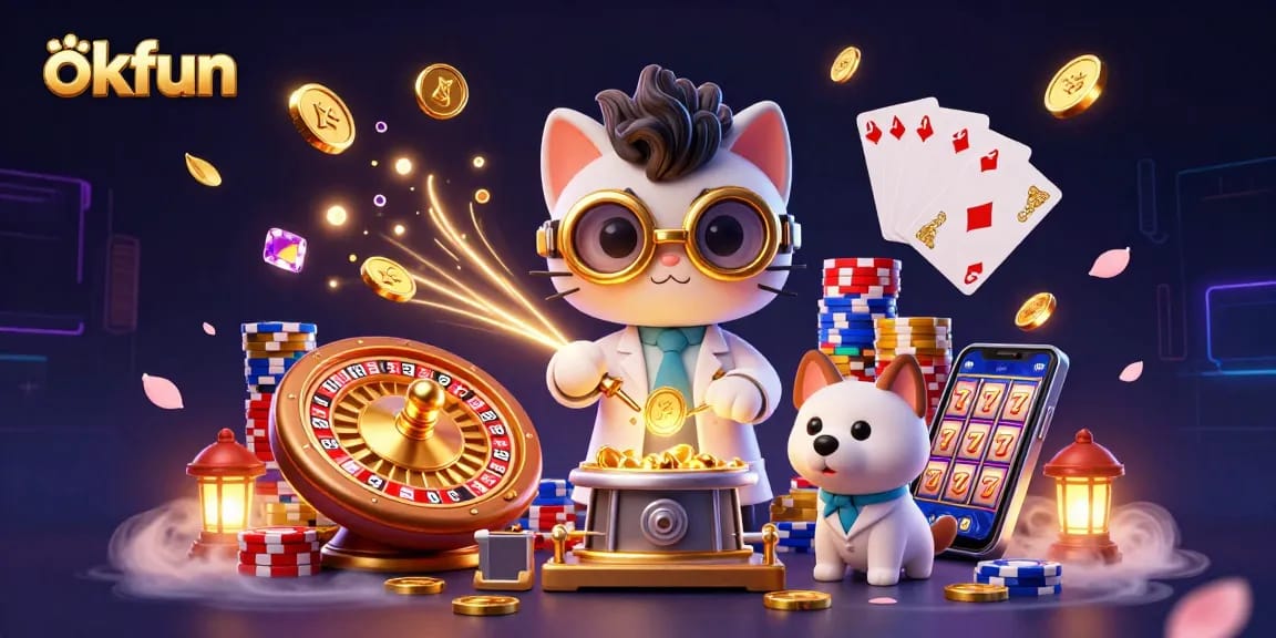 Experience exciting gameplay at okfun with dynamic casino elements in a vibrant 3D illustration.
