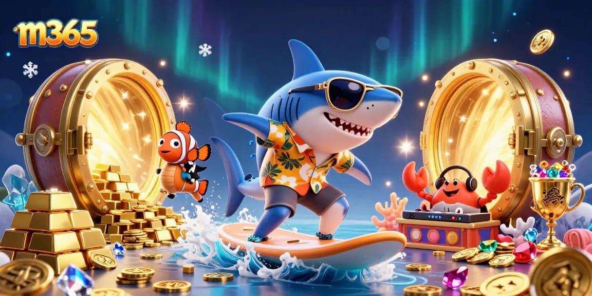 M365 offers thrilling gaming action with captivating visuals of a shark and friends amidst gold coins.