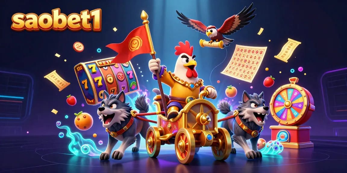 Win big at saobet1 with colorful slot reels and dynamic gameplay in this vibrant casino scene.