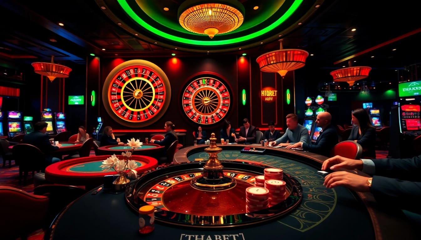 Players enjoying thrilling games at THABET casino, highlighting vibrant roulette and poker action.