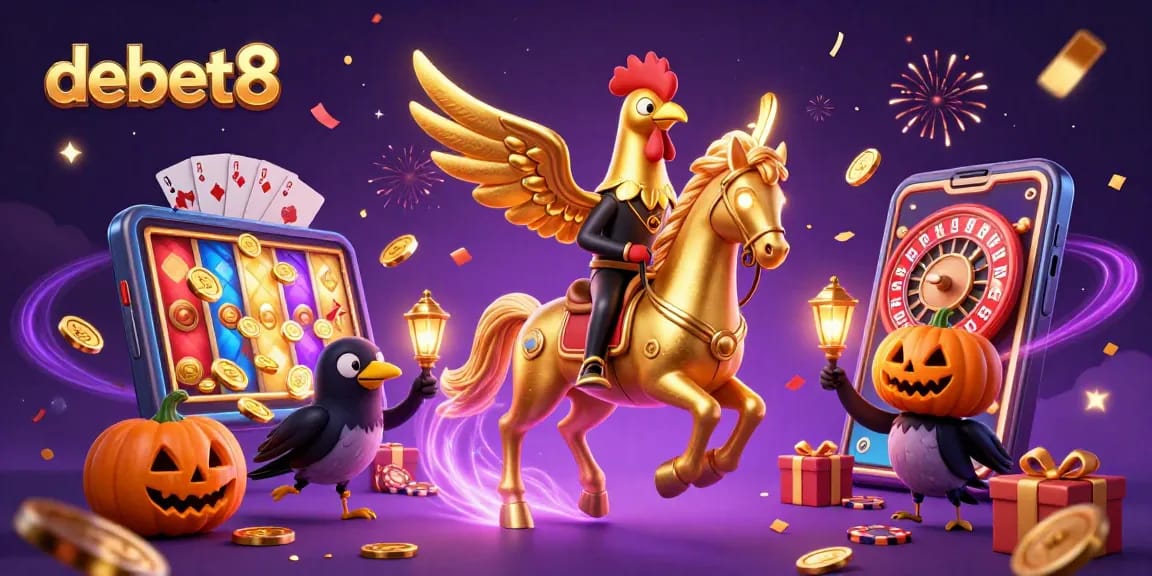 Experience the thrill of debet8 with a lively casino scene featuring a golden rooster and magical elements.