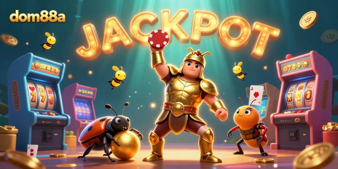 Engage with dom88a's exciting world of casino games through our vibrant 3D illustration featuring a victorious beetle.