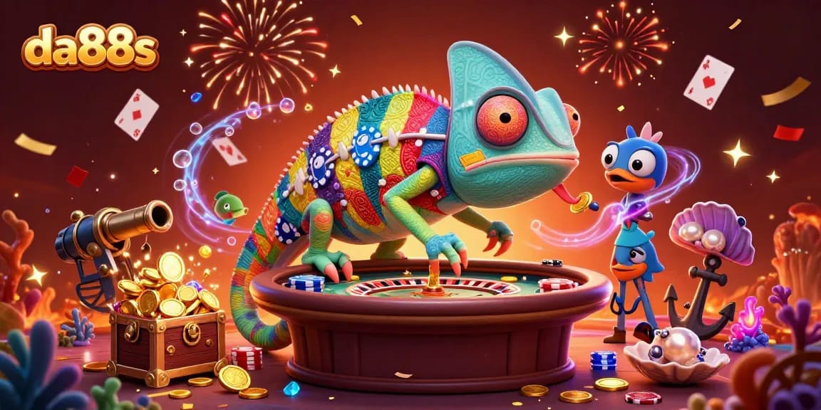 Engage in thrilling gaming at da88s, featuring a vibrant chameleon casino owner amidst spectacular casino elements.