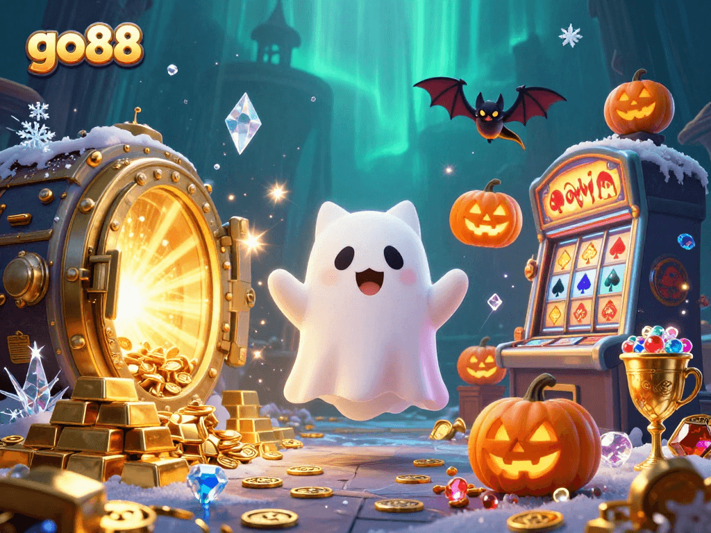 Experience the lively go88 casino with a ghost cat and treasures illuminating the haunted mansion.