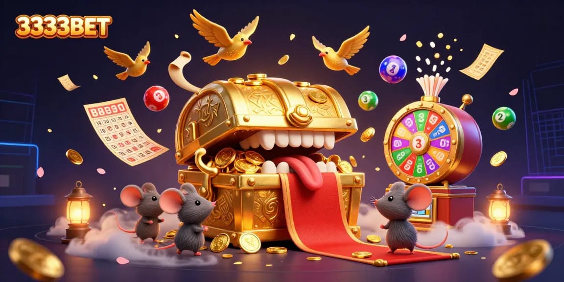 Engage in winning strategies with 3333BET featuring a vibrant casino scene with treasure and lottery elements.
