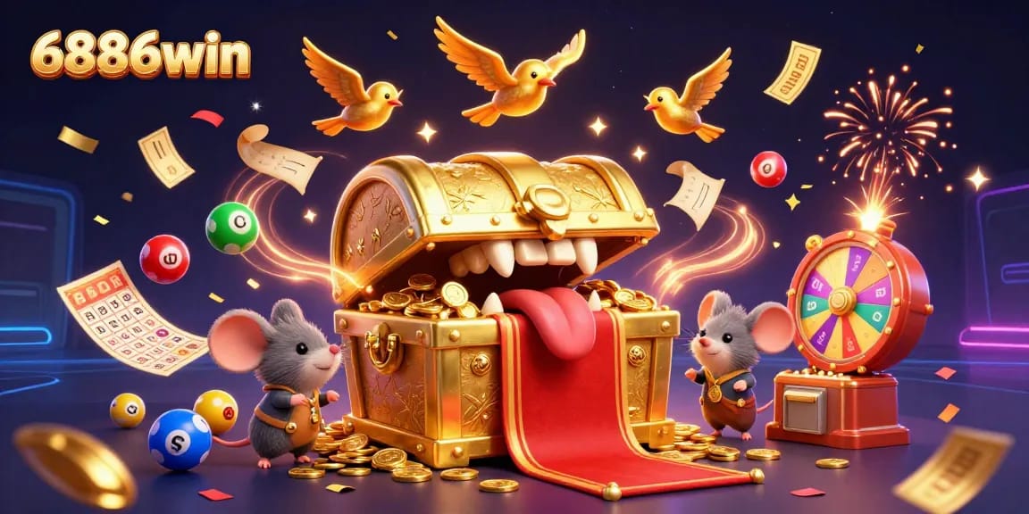 Win big with 6886win's dynamic lottery and party-themed 3D illustration packed with prizes and games.