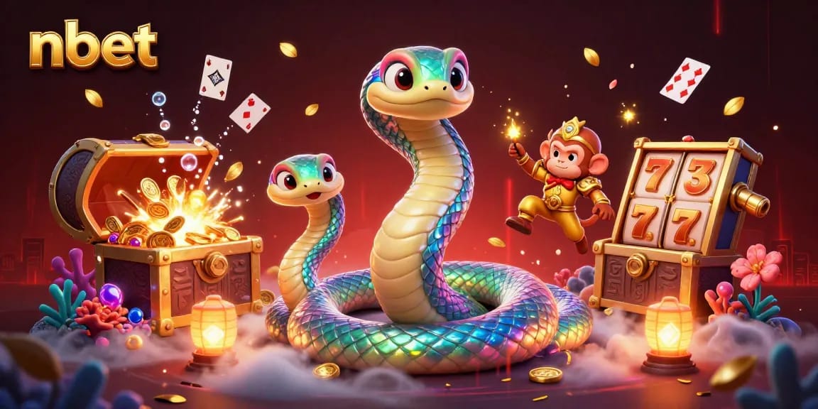 Experience nbet's vibrant casino world with a rainbow serpent, golden monkey king, and a treasure-filled background