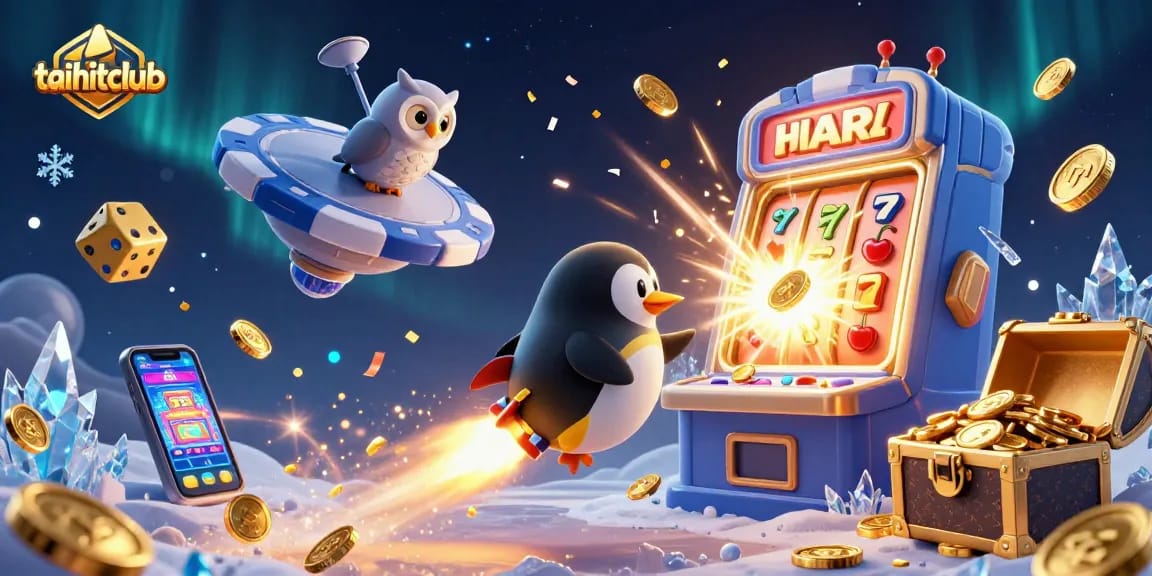 Engage with taihitclub through a dynamic 3D illustration featuring a golden penguin and animated casino icons.