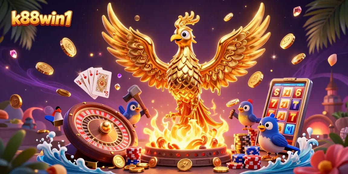 Engage with k88win1, featuring dynamic golden phoenix and casino elements in 3D illustration.