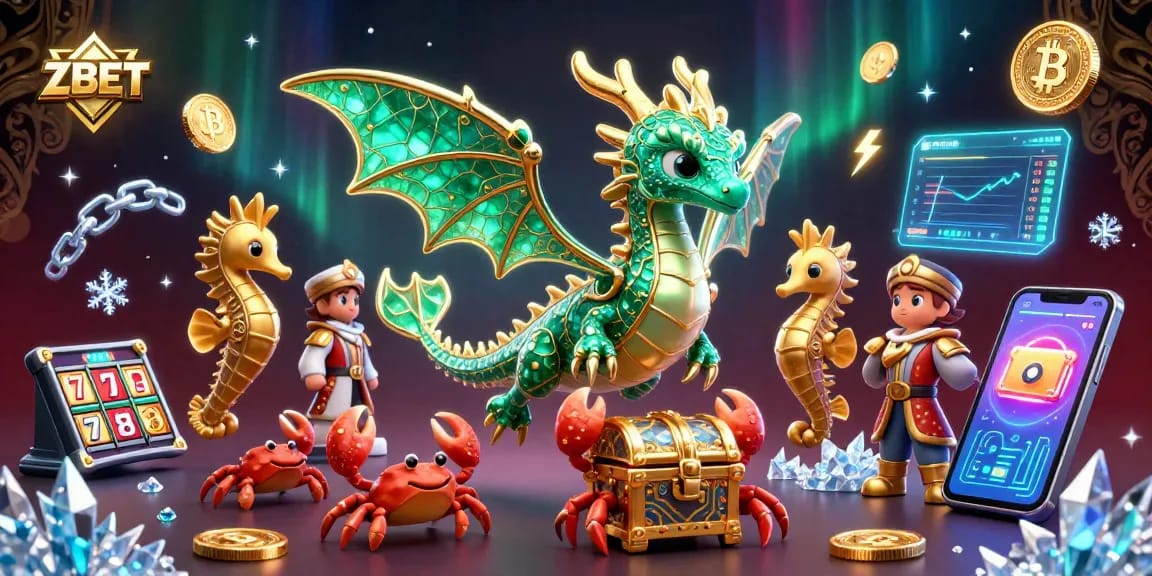 Experience the thrill of ZBET with dazzling casino elements, including a sea dragon amidst vibrant crypto coins.