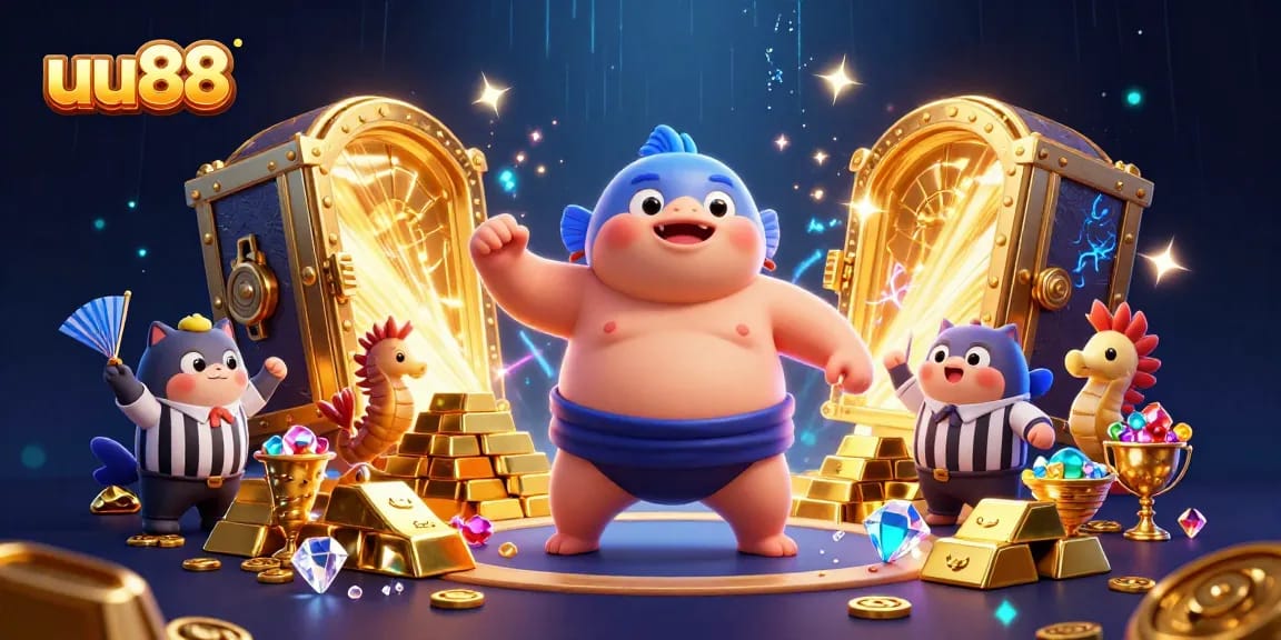 uu88 showcases an underwater casino adventure with a cartoon fugu and vibrant treasures.