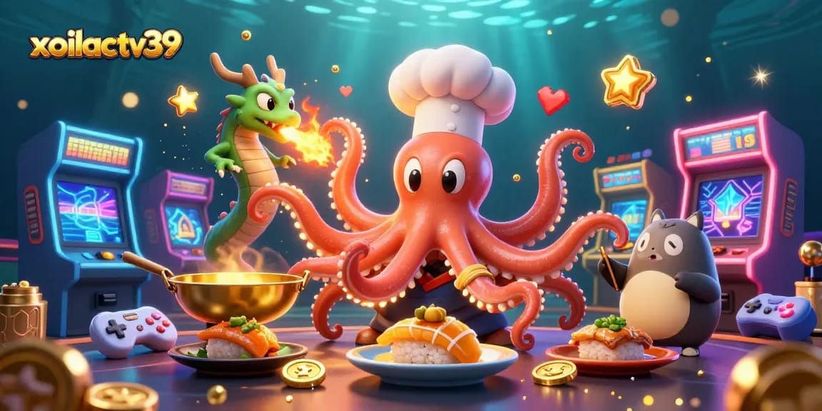 Experience the vibrant atmosphere of xoilactv39 featuring a sushi chef octopus and friends in a dynamic casino scene.