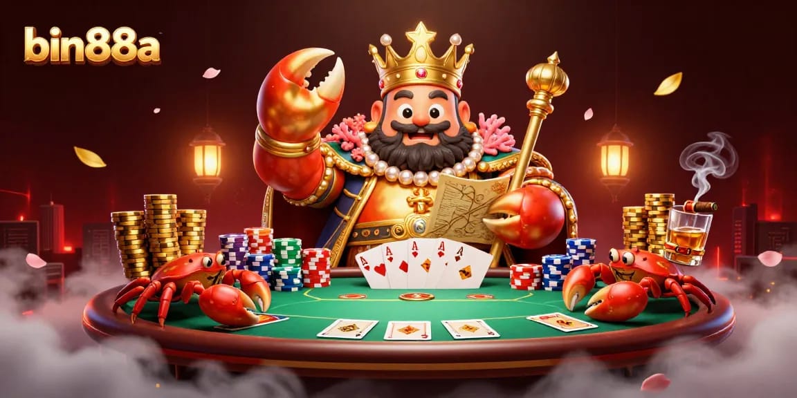 Engage in thrilling gameplay at bin88a with the golden crab emperor surrounded by vibrant poker elements.