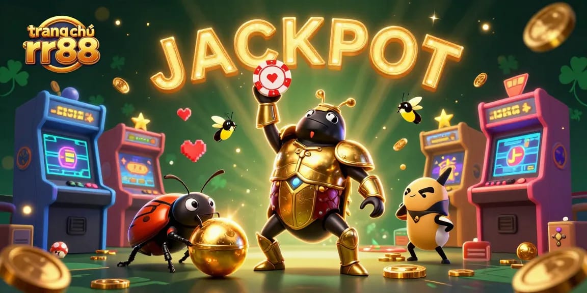 Experience thrilling action at trang chủ rr88 with a victorious beetle with jackpot lights above.