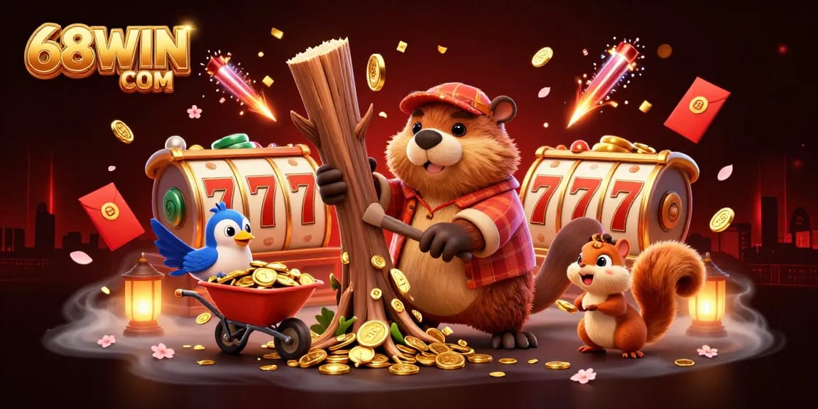 Experience thrilling gameplay with 68WIN COM in this vibrant 3D illustration featuring exciting slot reels, coins, and animated characters.