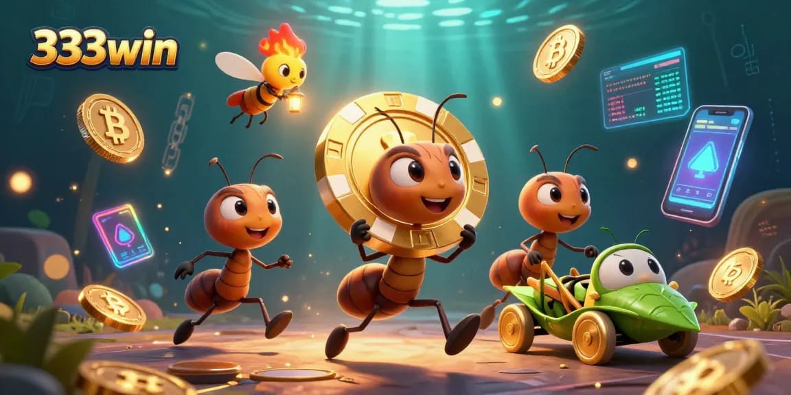 Experience the excitement of 333win with playful ants heisting a giant poker chip amid a vibrant, dynamic casino scene.