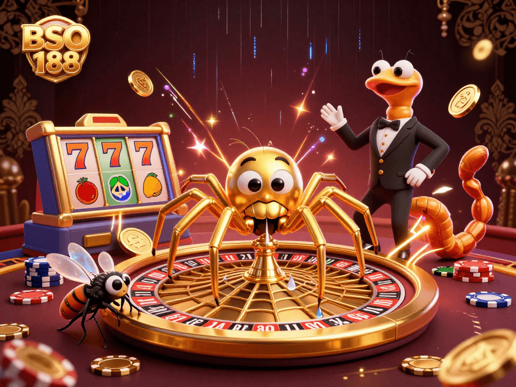 Experience the thrill of BSO188 with a fun 3D illustration featuring engaging casino elements.