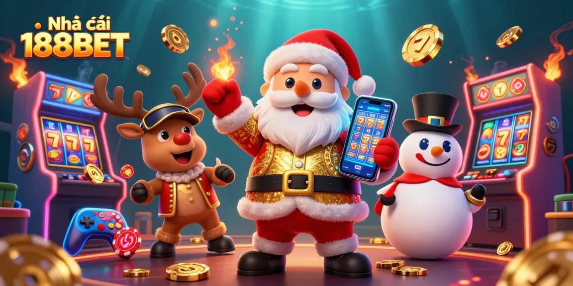 Engage with Nhà cái 188BET's exciting gambling experience featuring festive characters in a vibrant casino scene.