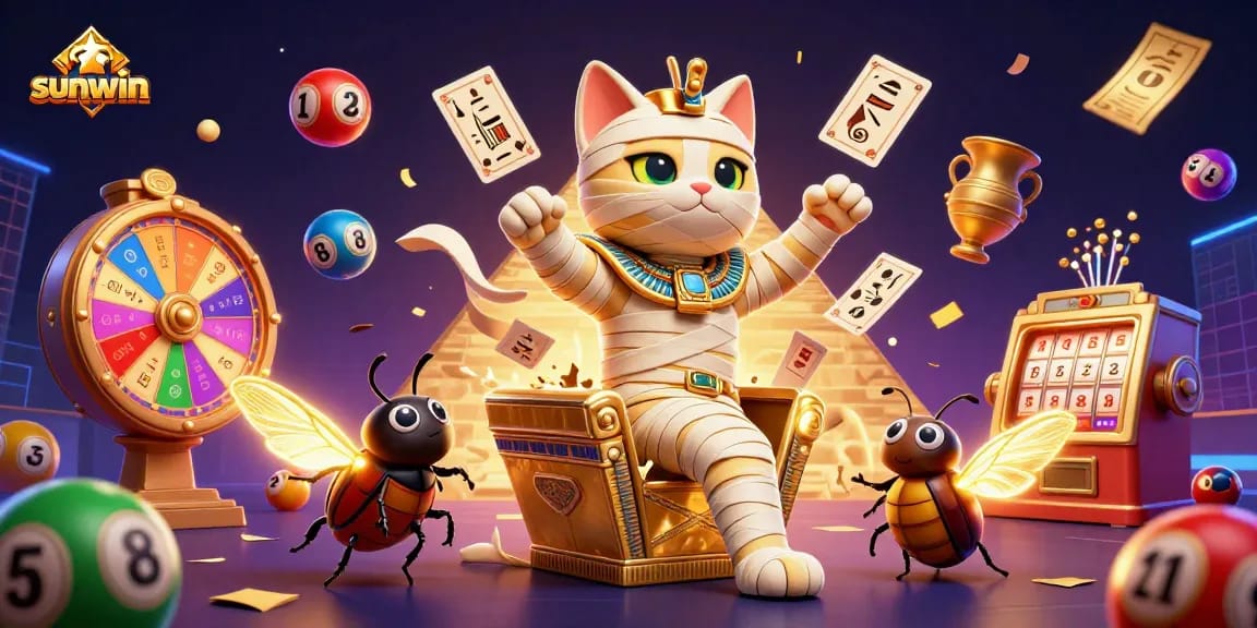 Experience thrilling gameplay at sunwin with a vibrant scene of a mummy cat and lucky lottery elements.