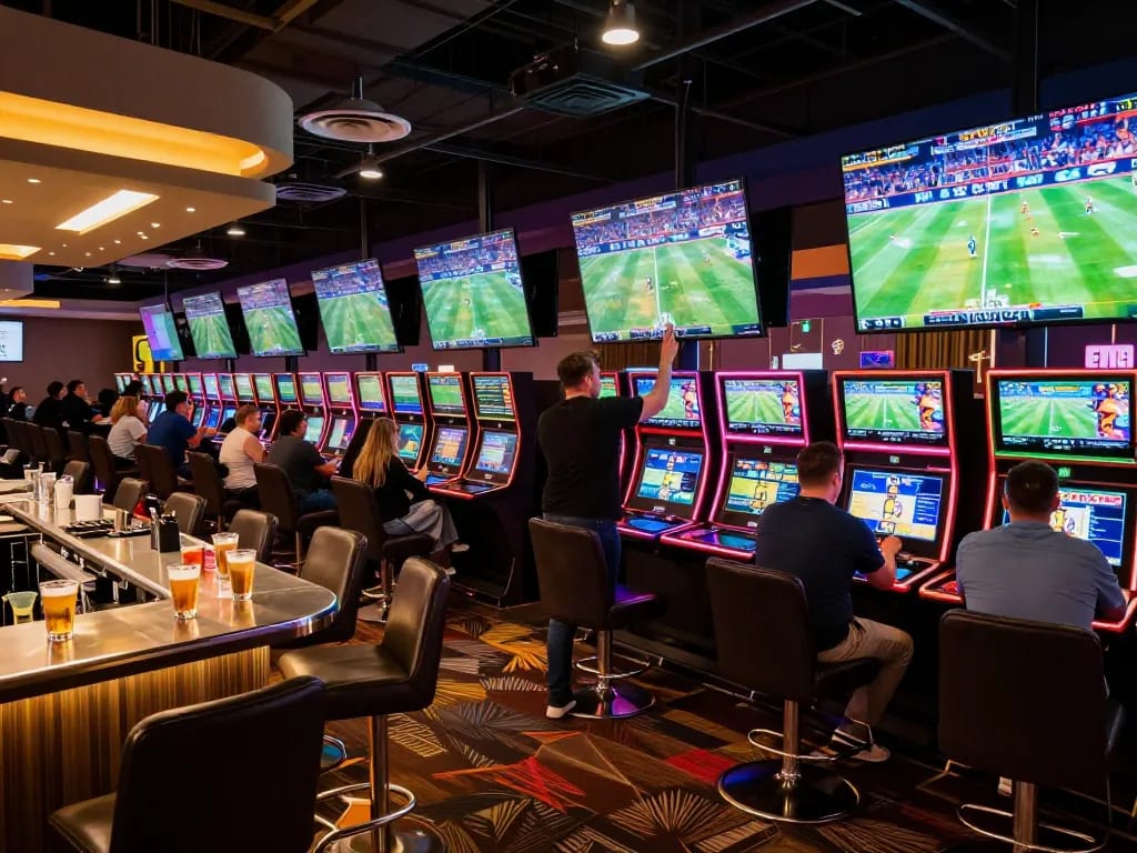 Soi kèo bóng đá enthusiasts placing bets in a lively sports book area, showcasing excitement and action