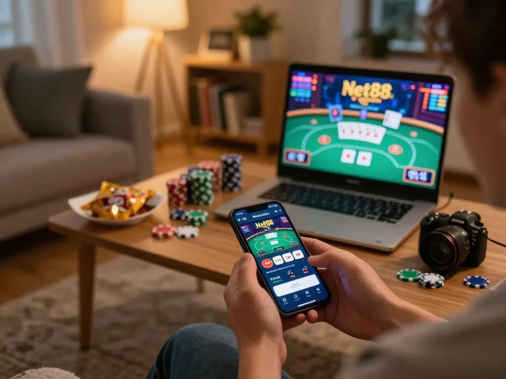Player engaging with the net88 mobile app in a cozy living room during a poker game