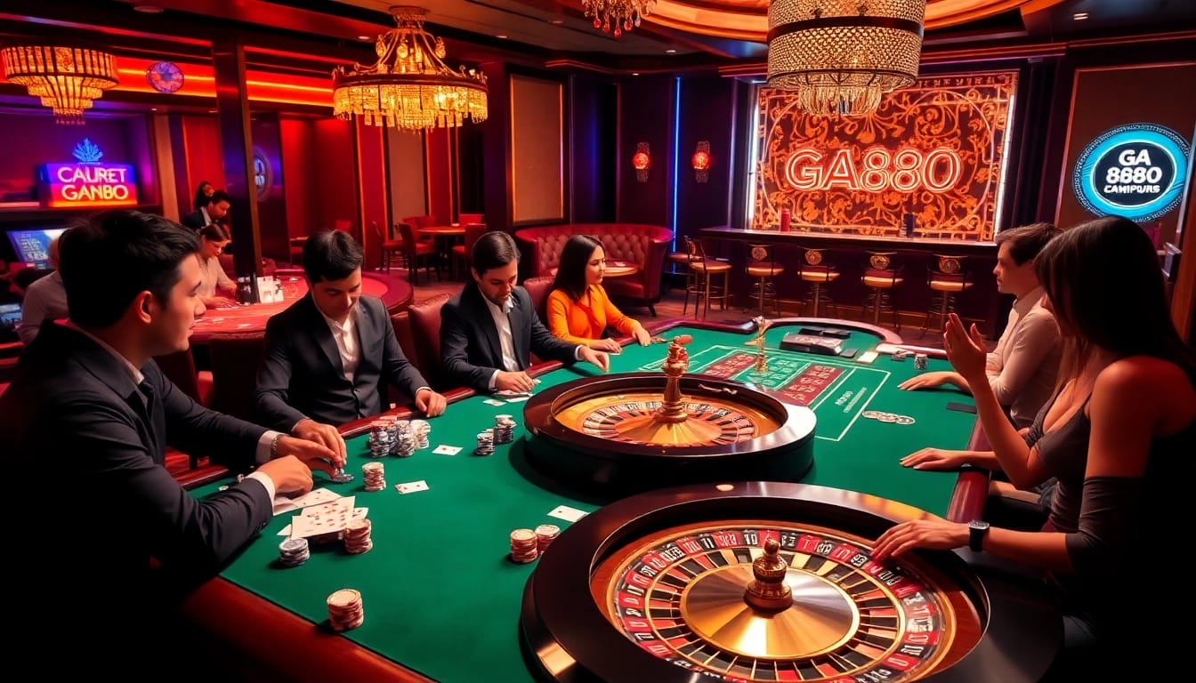 Players enjoying a thrilling poker game at GA888 casino with vibrant colors and excitement.