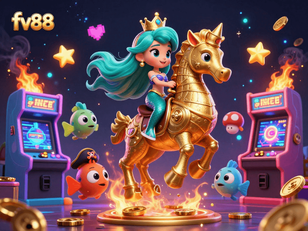 Engage in thrilling gameplay at FV88 with a mermaid princess and seahorse, surrounded by casino-themed elements.