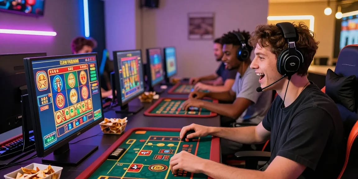 Engaged players at https://granposeidon-enlinea-paraguay.com/ enjoying vivid virtual casino games in a modern home setting.