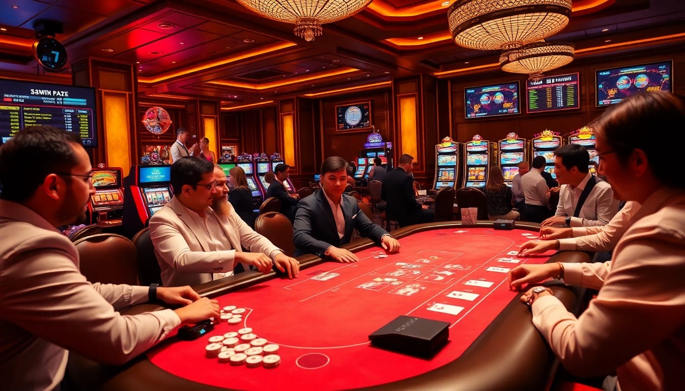 Players engaging in high-stakes poker at 33win.place, showcasing excitement and luxury in gambling.