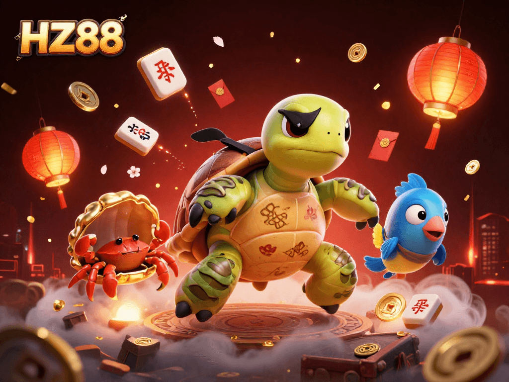 Join the excitement at HZ88 with a vibrant 3D illustration featuring animated casino elements and charming characters.