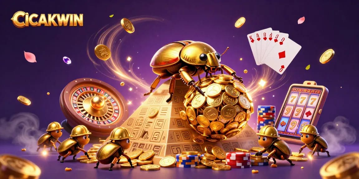 CICAKWIN offers dynamic gambling experiences with golden coins and casino symbols in a vibrant illustration.