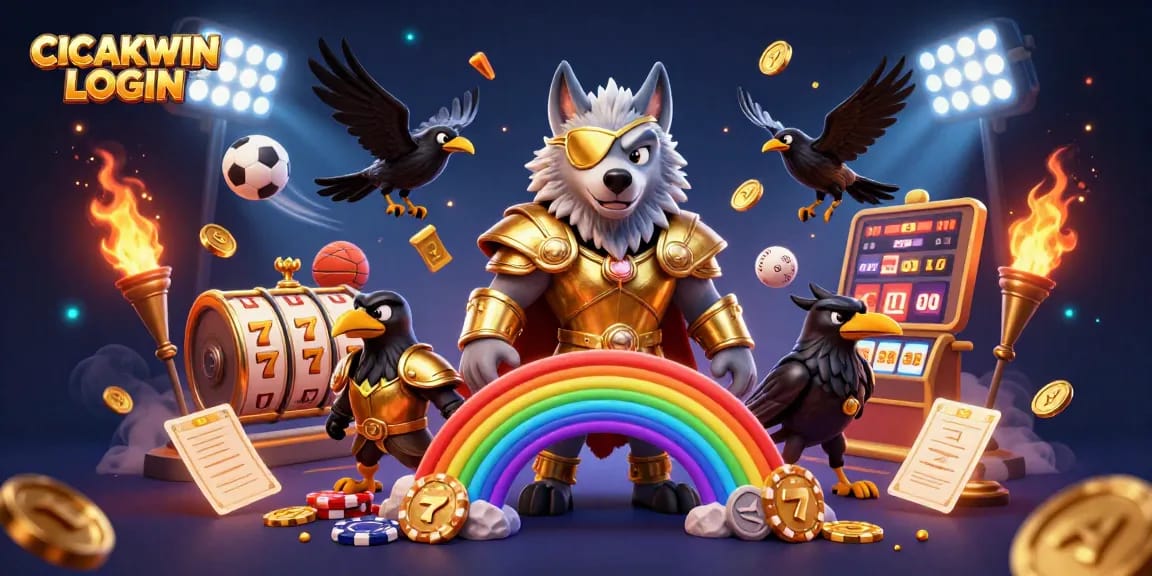 CICAKWIN LOGIN showcases a vibrant digital casino scene with Odin and ravens amidst slot reels and gold accents