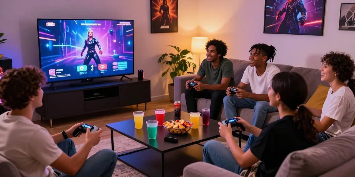 Engaging group playing a porn game online in a cozy living room.