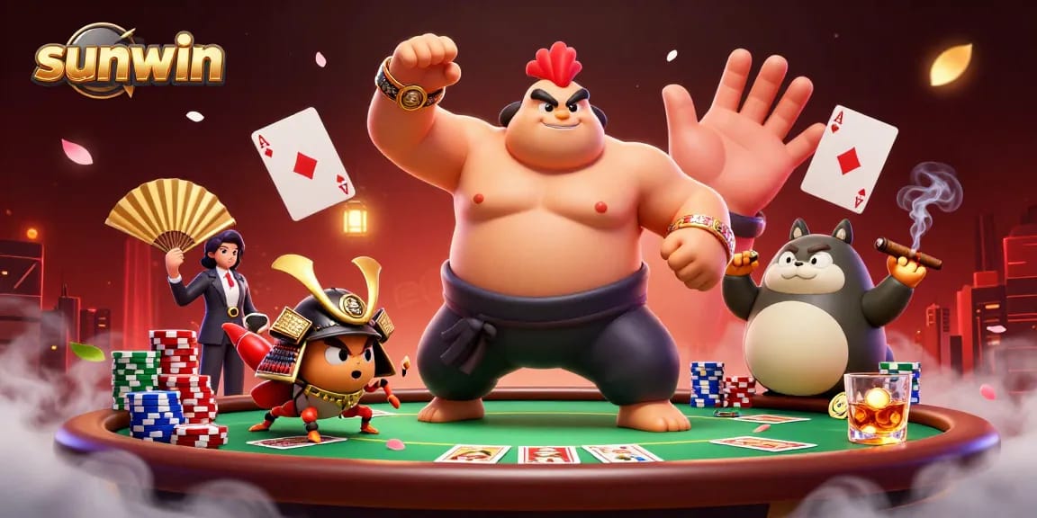 Experience the action at sunwin with bold characters and vibrant poker elements in a dynamic casino scene.