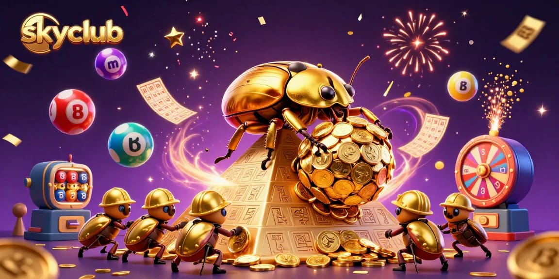 Experience exciting gaming at skyclub with golden beetles pushing golden coins up a pyramid.