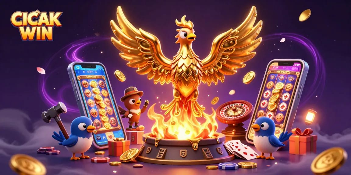 CICAK WIN delivers excitement with a molten phoenix amidst lively slot games and shimmering coins.
