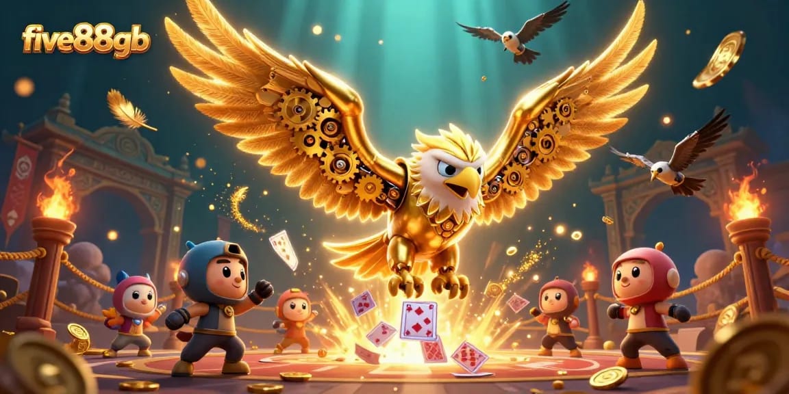 Experience thrilling gameplay at five88gb with the vibrant scene of a golden eagle amidst holographic cards.