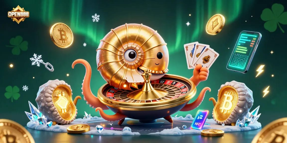 Engage with OPEN888 through vibrant 3D casino illustration showcasing crypto elements and a magical nautilus.